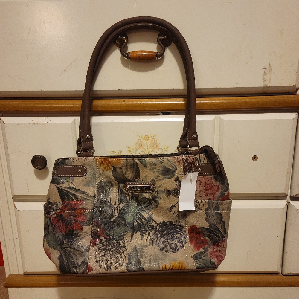 Koltov Light Brown Shoulder Bag with Green & Maroon Floral Print